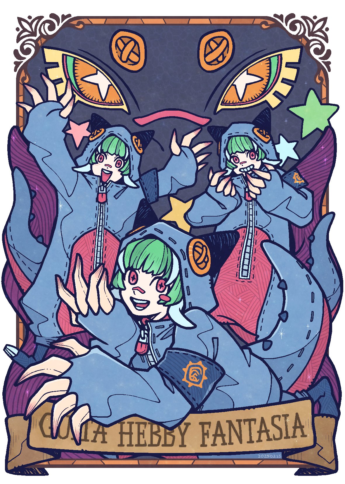 1girl, 8525, armband, blue_armband, buttons, cosplay, gachiakuta, green_hair, grin, guita_hebby_fantasia, highres, hood, horned_hood, horns, kigurumi, looking_at_viewer, multicolored_hair, multiple_views, open_mouth, red_eyes, short_hair, smile, streaked_hair, white_hair, zipper