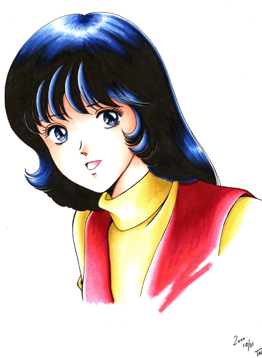 1980s_(style), 1girl, 2000, black_eyes, black_hair, commentary_request, dated, fa_yuiry