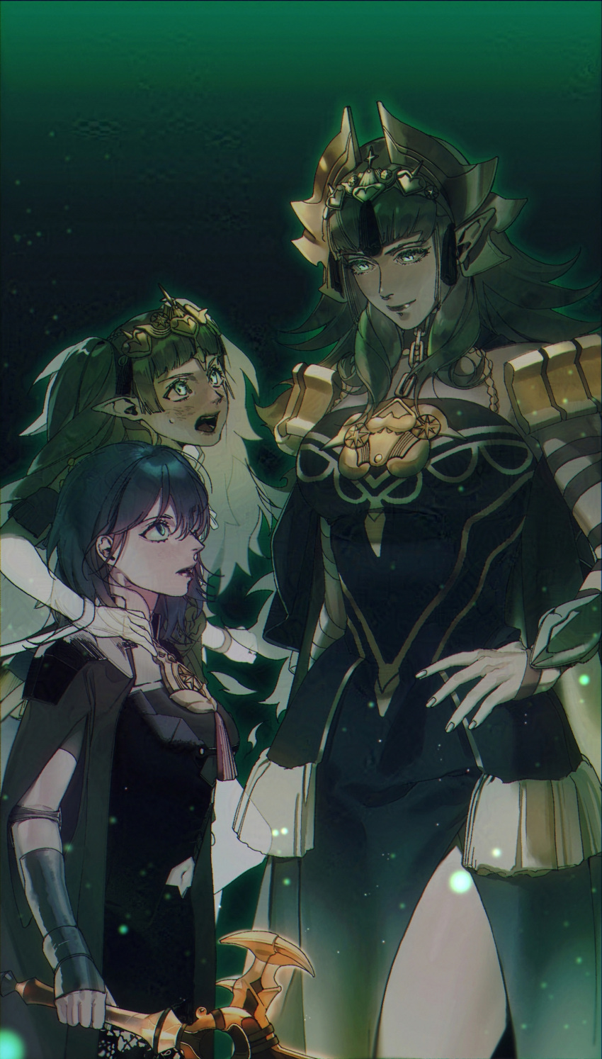 3girls, absurdres, armor, black_armor, black_cape, blue_eyes, blue_hair, cape