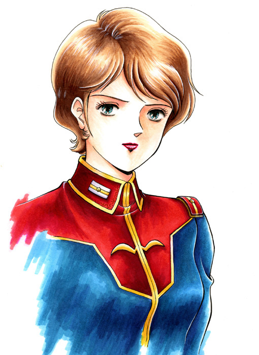 1980s_(style), 1girl, 2000, brown_hair, commentary_request, dated, gundam, looking_at_viewer