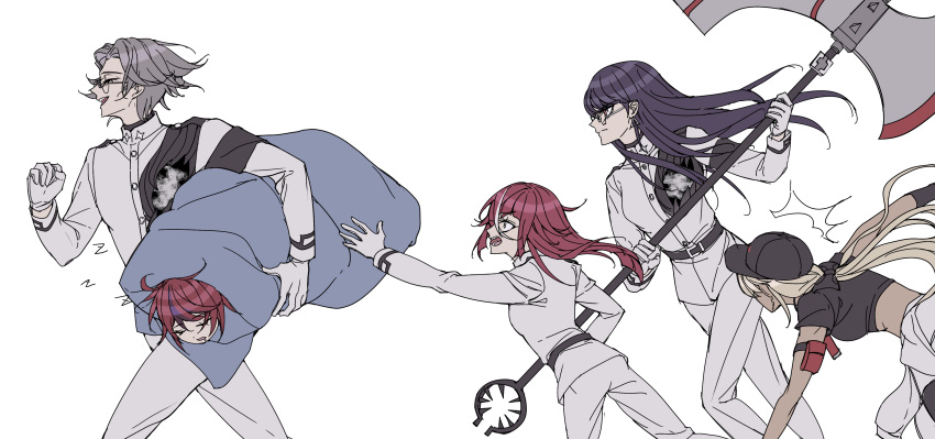2boys, 3girls, absurdres, aotsuki_eito, arm_pouch, axe, battle_axe, black_hat