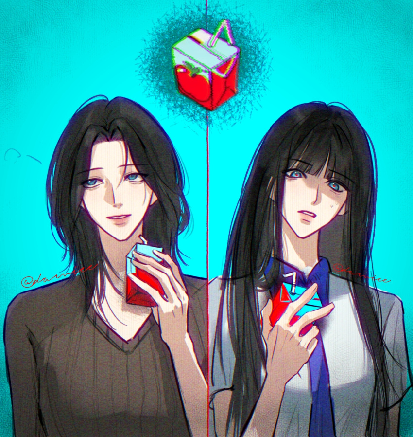 2girls, aqua_background, black_hair, blue_eyes, blue_necktie, brown_sweater, collared_shirt, commentary, damiee, drinking_straw, gil_somyung, highres, holding_juice_box, juice_box, like_mother_like_daughter, long_hair, mother_and_daughter, multiple_girls, necktie, parted_lips, red_pupils, shirt, signature, somyung's_mother_(like_mother_like_daughter), sweater