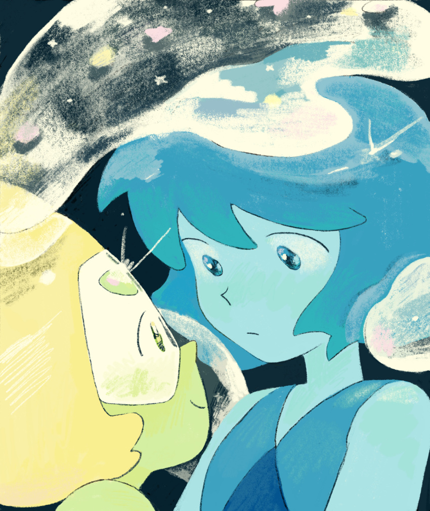 2girls, alien, blonde_hair, blue_hair, colored_skin, face_shield, forehead_jewel, gem, gem_(steven_universe), green_skin, highres, lapis_lazuli_(species)_(steven_universe), lapis_lazuli_(steven_universe), multiple_girls, peridot_(steven_universe), short_hair, smile, steven_universe, user_jtkx4235
