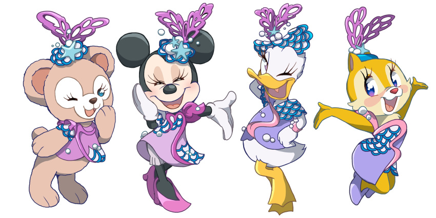 4girls, abc-85az, absurdres, animal_ears, bear_girl, bow, clarice_(disney), daisy_duck, disney, disneyland, dress, duck_girl, gloves, highres, looking_at_viewer, mickey_mouse_&amp;_friends, minnie_mouse, mouse_ears, mouse_girl, multiple_girls, open_mouth, shelliemay, shirt, smile, white_gloves