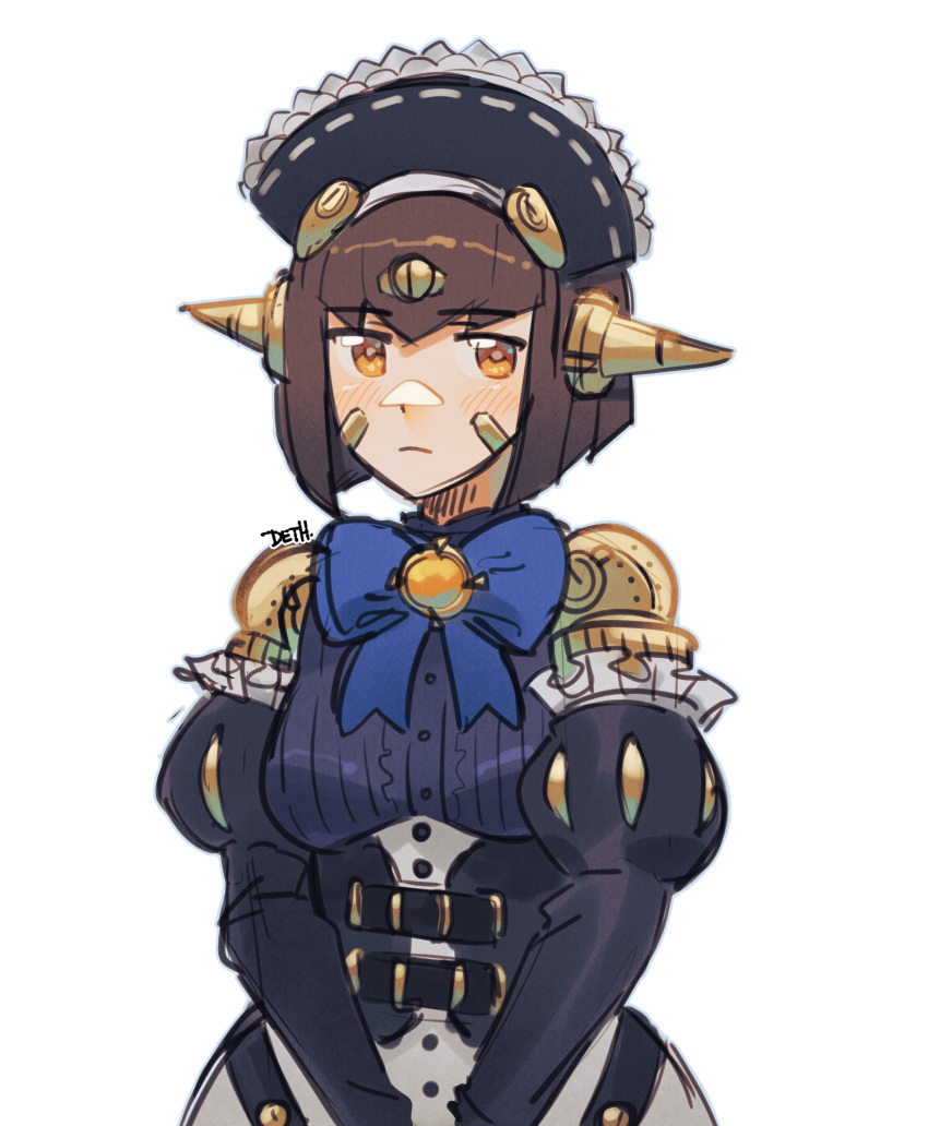 1girl, absurdres, blue_ribbon, brown_hair, highres, humanoid_robot, johan_(deathamaranth), light_frown