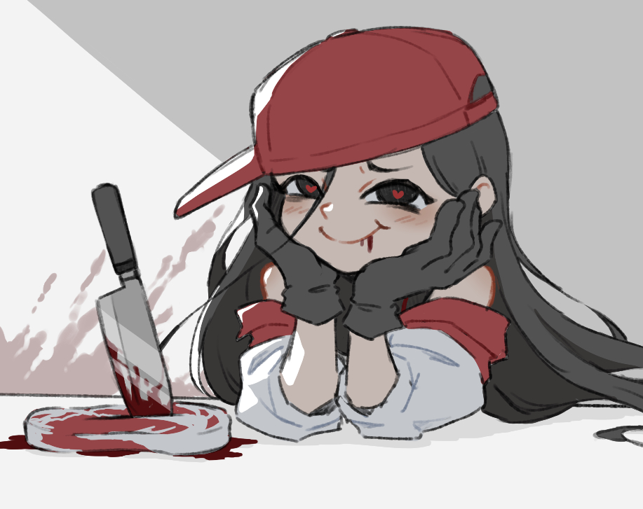 1girl, baseball_cap, black_eyes, black_hair, blood, blood_from_mouth, blush, butcher_vanity_(synthesizer_v)