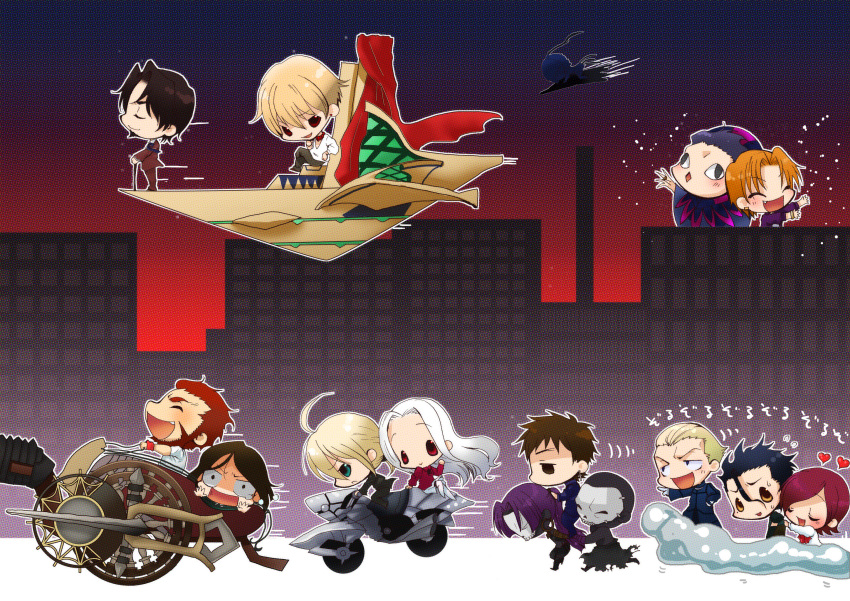 caster_(fate/zero), chibi, city, everyone, fate/stay_night, fate/zero, fate_(series), gilgamesh