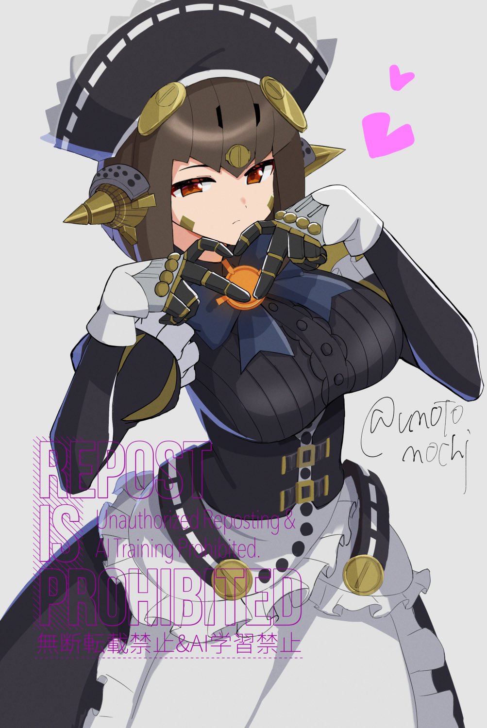 1girl, blue_ribbon, brown_hair, hair_ornament, heart, heart_hands, highres, humanoid_robot