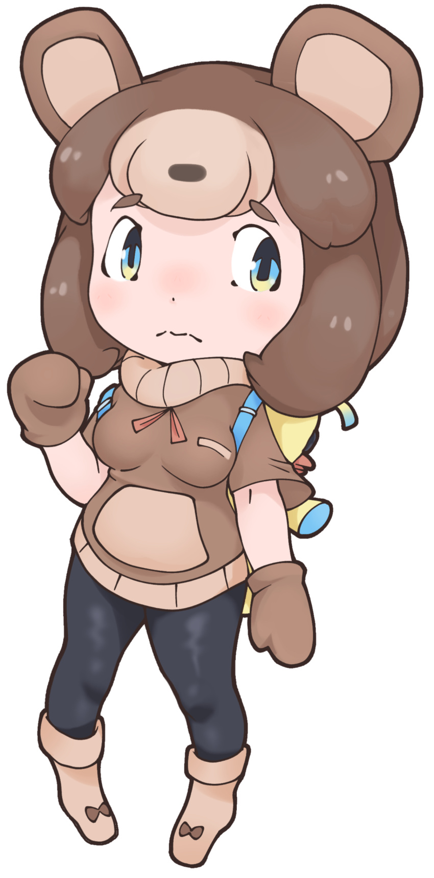 absurdres, animal_ears, baaren_bear_(super_bear_adventure), bear_ears, bear_girl, brown_hair, character_backpack, chibi, chibi_only, gloves, highres, kemono_friends, looking_at_viewer, non-web_source, original, purple_hippo, self-upload, shicka_(super_bear_adventure), super_bear_adventure, yoshizaki_mine_(style)