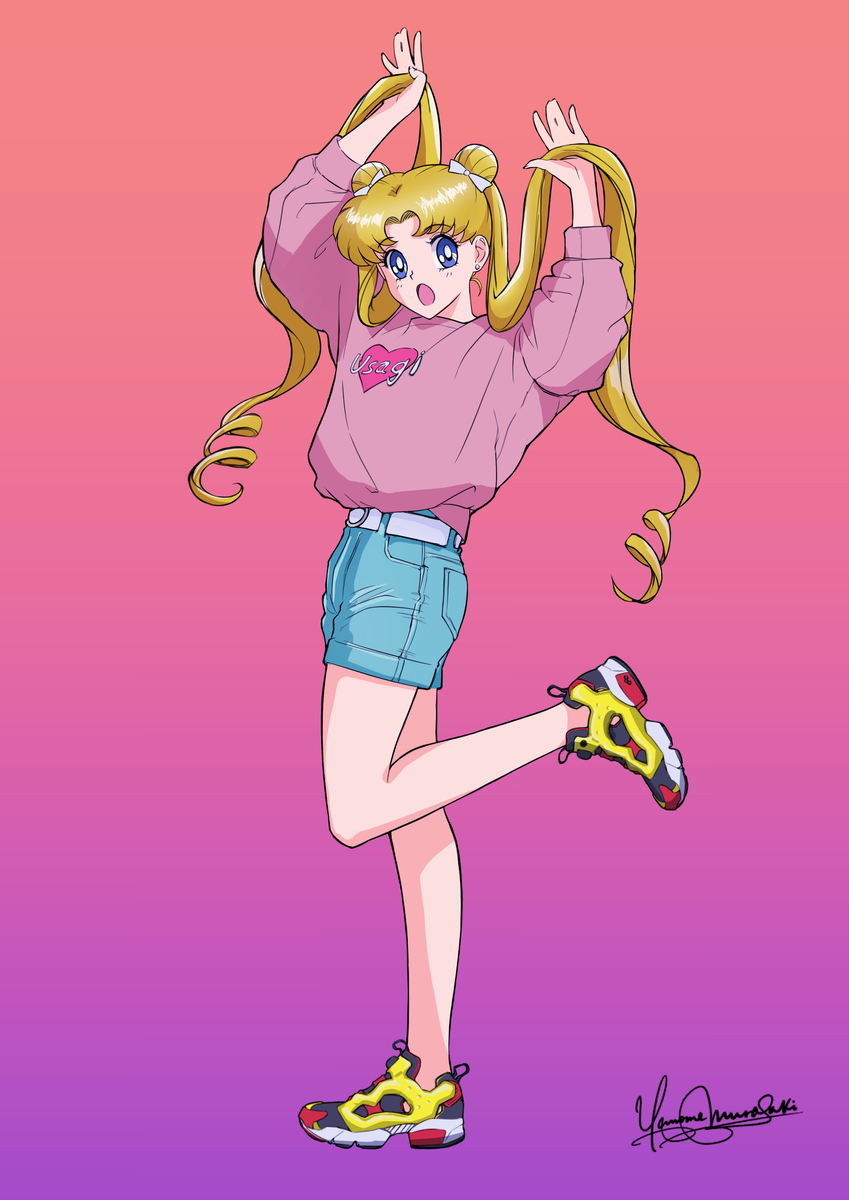 1girl, belt, bishoujo_senshi_sailor_moon, blonde_hair, blue_eyes, blue_shorts, character_name, denim