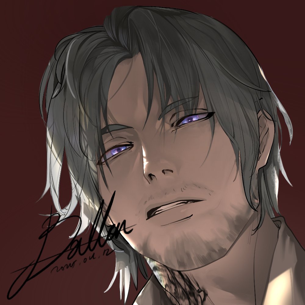1boy, bellpeu15, blue_eyes, brown_background, clenched_teeth, commentary_request, dated, facial_hair