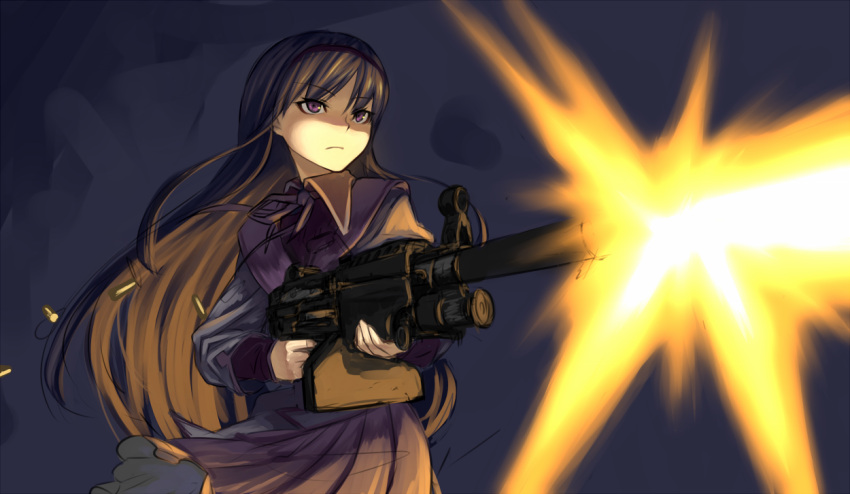 akemi_homura, black_hair, bullet, firing, gun, hairband, long_hair, m249