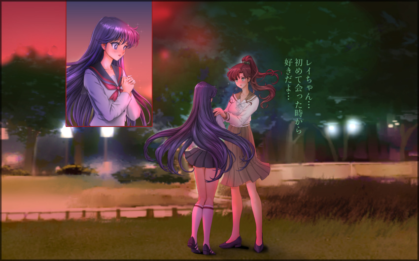 2girls, bishoujo_senshi_sailor_moon, black_hair, black_sailor_collar, black_skirt, bow, brown_hair, brown_skirt
