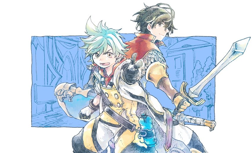 2boys, aldo_(another_eden), another_eden, aqua_hair, belt, black_belt, black_gloves, black_hair