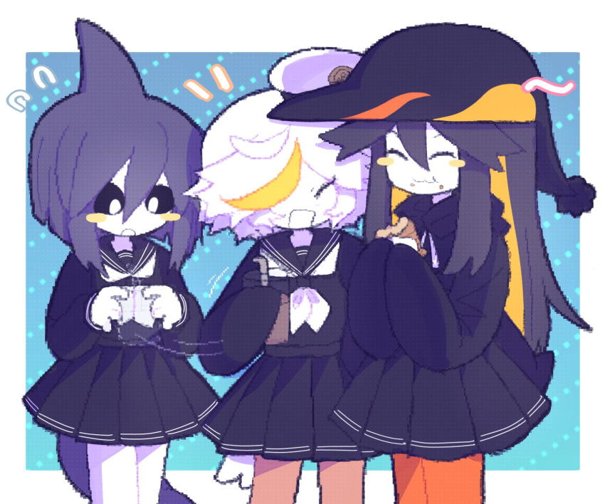 3girls, :3, bird_girl, black_hair, black_hat, black_sailor_collar, black_sclera, black_serafuku