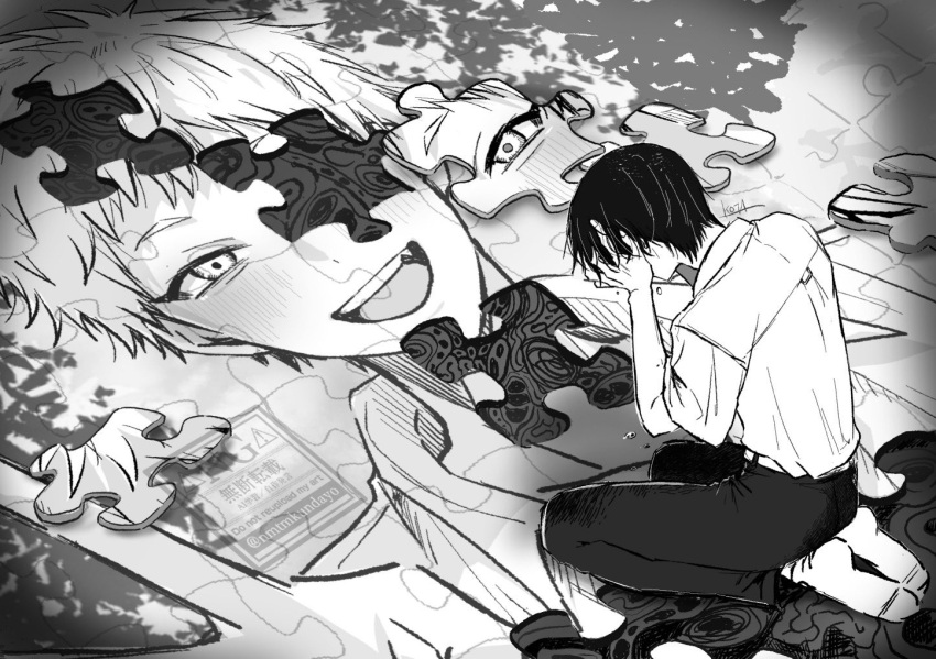 2boys, black_hair, black_pants, blush, collared_shirt, crying, full_body, greyscale