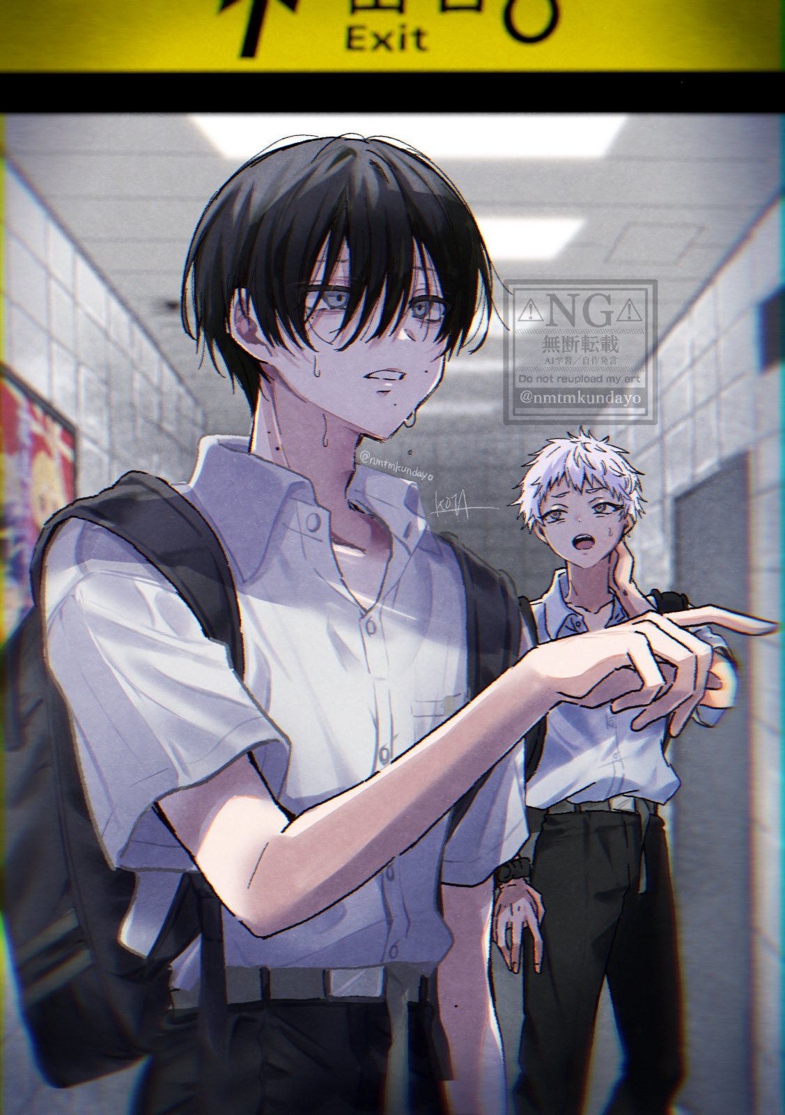 2boys, backpack, bag, black_bag, black_hair, black_pants, collared_shirt, hair_between_eyes