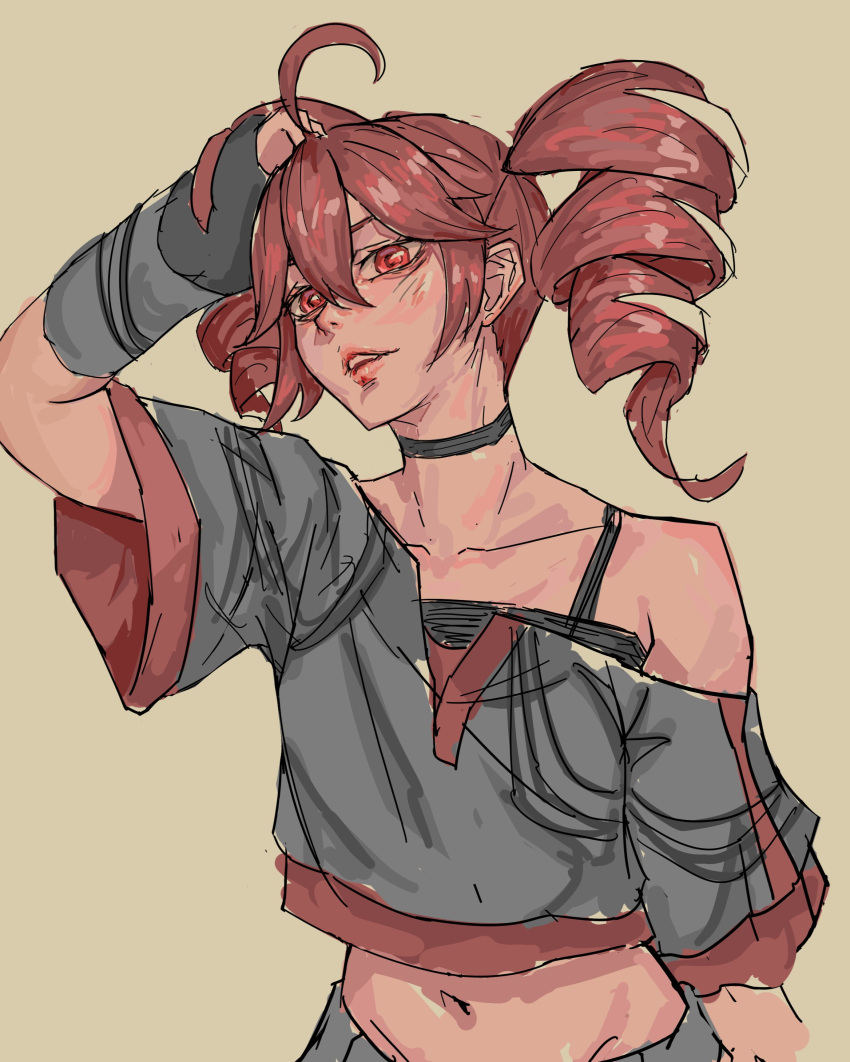 1girl, absurdres, ahoge, alternate_costume, collarbone, drill_hair, hair_between_eyes, highres, kasane_teto, lips, looking_at_viewer, midriff, open_mouth, red_eyes, red_hair, red_trim, smile, solo, twin_drills, twintails, utau, veygudtek, wide_sleeves