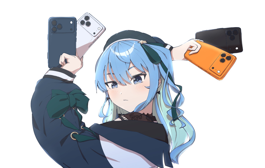 1girl, beret, between_fingers, blue_eyes, blue_hair, bow, cellphone, colored_inner_hair