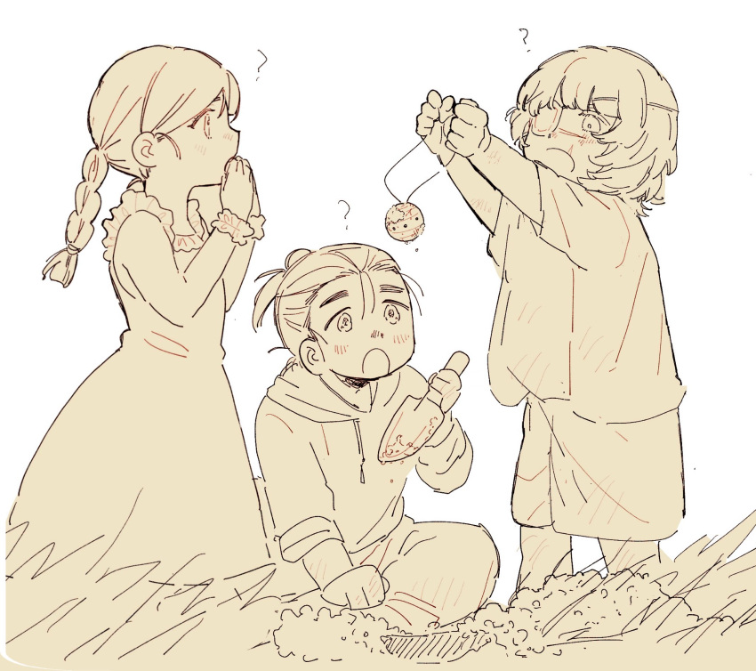 1girl, 2boys, ?, aged_down, alternate_universe, badeni, braid, chi.:_chikyuu_no_undou_ni_tsuite