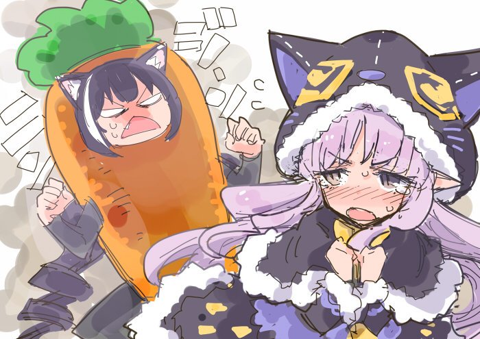 2girls, :<, animal_ears, black_capelet, black_dress, black_hair, blank_eyes, blush
