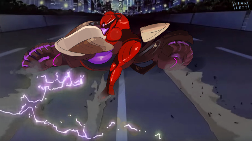 1girl, absurdres, akira_slide, arm_cannon, armor, assault_visor, commentary, dessert
