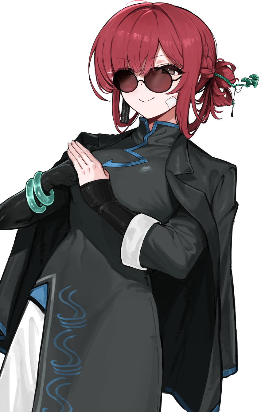 1girl, absurdres, asymmetrical_gloves, bandage_on_face, bandages, black_coat, black_dress, black_gloves, braid, breasts, china_dress, chinese_clothes, cinq_association_east_uniform, coat, coat_on_shoulders, cowboy_shot, dress, earrings, fist_in_hand, gloves, grey_eyes, hair_bun, hair_intakes, hair_rings, half_up_braid, highres, jade_bracelet, jewelry, kim_nyangpeon, light_blush, limbus_company, long_sleeves, looking_at_viewer, medium_breasts, medium_hair, ofuda, ofuda_earrings, pants, project_moon, red_hair, side_slit, single_earring, single_hair_bun, single_sleeve, smile, solo, white_pants, white_sleeve_cuffs, yuri_(project_moon)