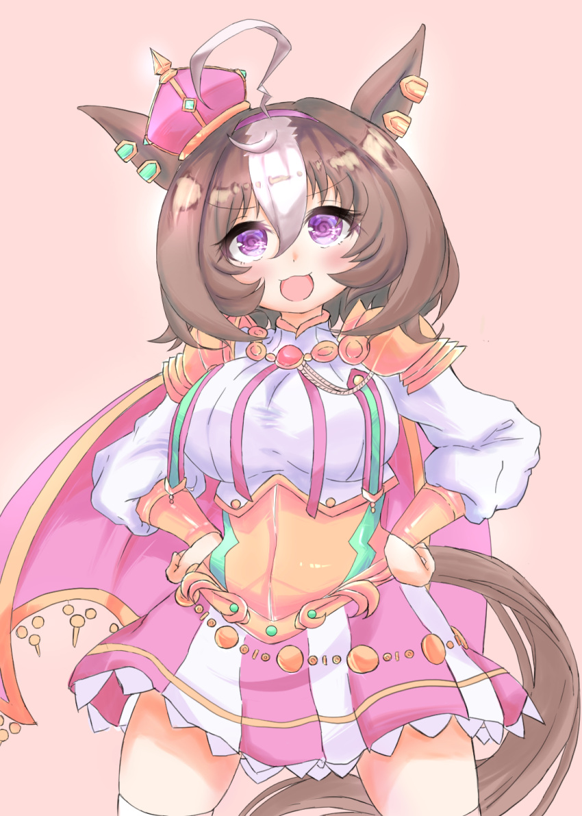 1girl, :d, @_@, ahoge, animal_ears, breasts, brown_background, brown_hair