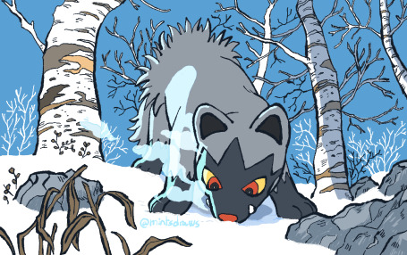 artist_name, colored_sclera, grey_fur, lowres, mints, no_humans, orange_eyes, outdoors, pokemon, pokemon_(creature), poochyena, rock, snow, solo, tree, yellow_sclera