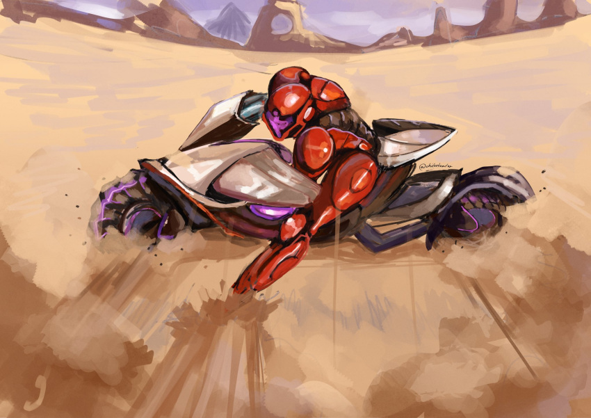 1girl, akira_slide, arm_cannon, armor, assault_visor, chilustrator, commentary, desert