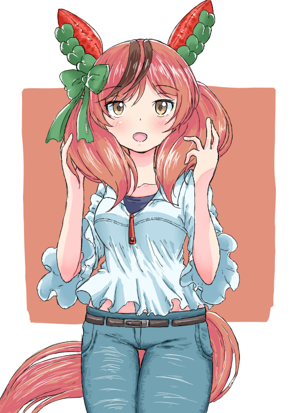 1girl, :d, animal_ears, belt, black_belt, blue_pants, blush, breasts, brown_background, brown_eyes, brown_hair, collarbone, commentary_request, denim, hands_up, horse_ears, horse_girl, horse_tail, jeans, looking_at_viewer, medium_breasts, multicolored_hair, nice_nature_(umamusume), norippe_(user_zgsf8872), pants, shirt, smile, solo, streaked_hair, tail, thigh_gap, twintails, two-tone_background, umamusume, white_background, white_shirt