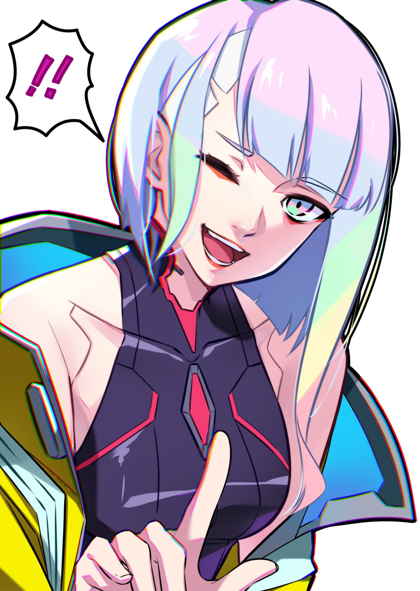!, !!, 1girl, asymmetrical_bangs, bare_shoulders, blue_eyes, collarbone, commentary