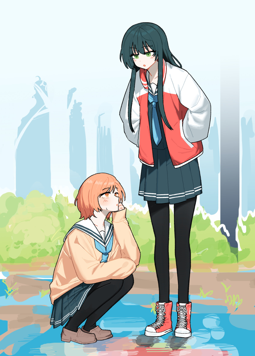 2girls, absurdres, amayo_no_tsuki, betato, black_pantyhose, black_skirt, blue_neckerchief, blush, brown_shoes, bush, commentary_request, green_eyes, green_hair, highres, kindaichi_saki, loafers, multiple_girls, neckerchief, oikawa_kanon, open_mouth, orange_hair, outdoors, pantyhose, pleated_skirt, red_shoes, sailor_collar, school_uniform, serafuku, shoes, short_hair, skirt, squatting, standing, sweater, tree, white_sailor_collar, yellow_sweater
