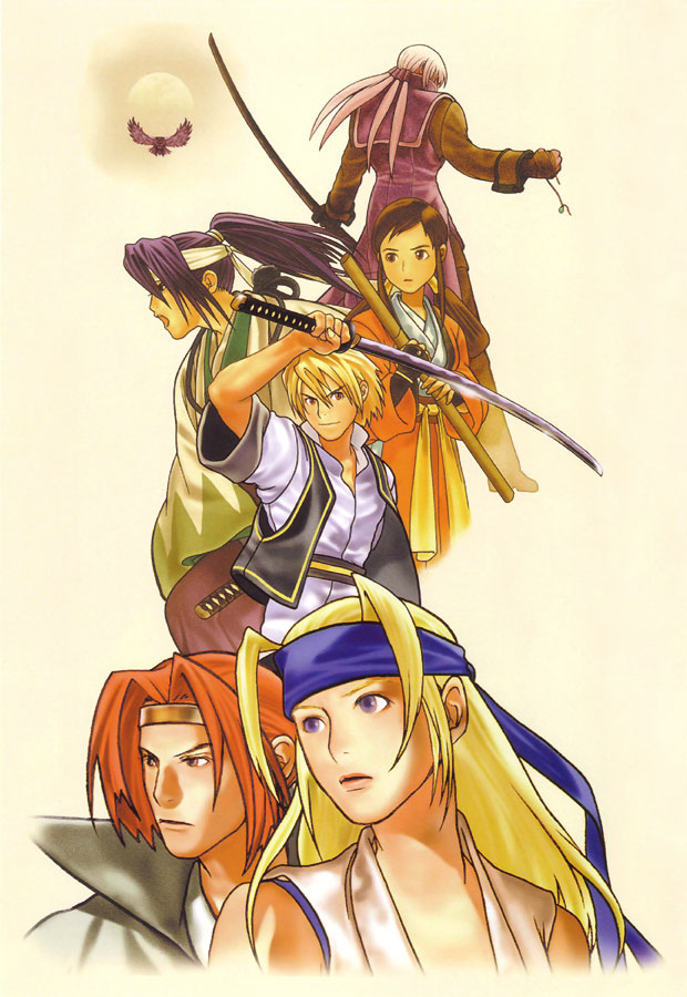 3girls, bird, headband, kaede_(last_blade), kagami_shinnosuke, katana, last_blade, long_hair