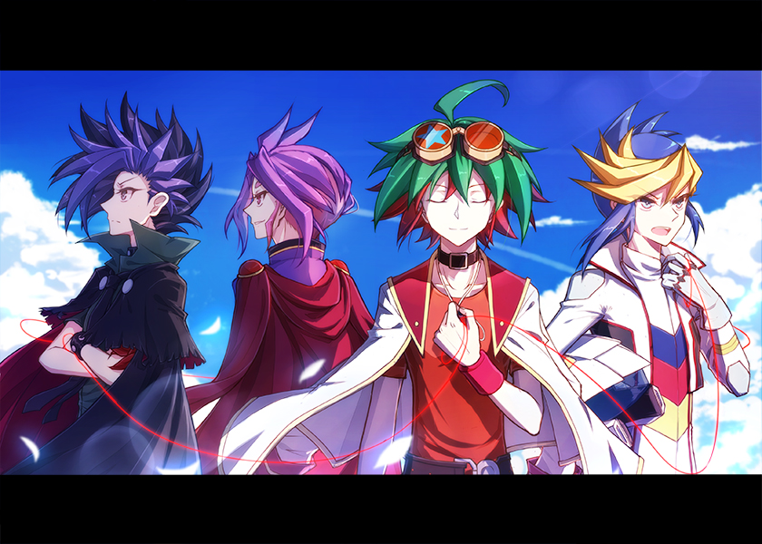 4boys, ahoge, arm_at_side, belt, black_border, black_cape, black_capelet, black_choker, black_hair, black_necktie, black_wrist_cuffs, blue_eyes, blue_hair, blue_sky, bodysuit, border, brown_belt, cang_(iphis233), cape, capelet, choker, closed_eyes, clouds, cloudy_sky, colored_bangs, crossed_arms, dappled_sunlight, dress_shirt, epaulettes, facing_away, facing_to_the_side, facing_viewer, gloves, goggles, goggles_on_head, green_hair, green_shirt, hair_slicked_back, hand_on_own_chest, hand_up, helmet, holding, holding_string, holding_unworn_helmet, hugo_(yu-gi-oh!), jacket, jacket_on_shoulders, joeri_(yu-gi-oh!), letterboxed, light_particles, looking_to_the_side, loose_necktie, male_focus, multiple_boys, necktie, open_clothes, open_jacket, open_mouth, outdoors, parted_bangs, pendulum, popped_collar, purple_hair, purple_shirt, racing_suit, red_cape, red_hair, red_shirt, red_wrist_cuffs, sakaki_yuya, shirt, sky, smile, spiky_hair, string, string_around_finger, string_of_fate, sunlight, swept_bangs, torn_cape, torn_clothes, torn_shirt, unworn_headwear, unworn_helmet, unworn_jacket, upper_body, ute_(yu-gi-oh!), violet_eyes, white_bodysuit, white_gloves, white_helmet, wind, wrist_cuffs, yu-gi-oh!, yu-gi-oh!_arc-v