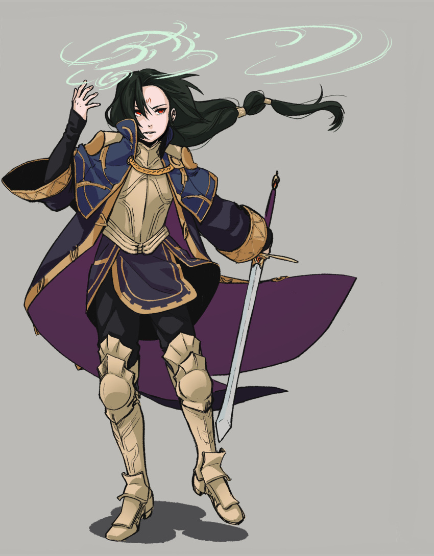 1boy, black_hair, commentary, cosplay, english_commentary, facial_mark, fire_emblem, fire_emblem:_path_of_radiance, fire_emblem_awakening, forehead_mark, highres, holding, holding_sword, holding_weapon, illiaccrest, long_hair, male_focus, male_robin_(fire_emblem), male_robin_(grandmaster)_(fire_emblem), male_robin_(grandmaster)_(fire_emblem)_(cosplay), red_eyes, solo, soren_(fire_emblem), sword, weapon