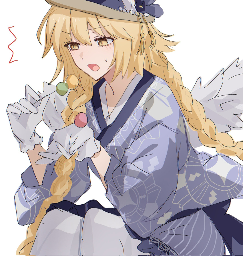 1girl, blonde_hair, blush, braid, dango, fate/grand_order, fate_(series), feathered_wings