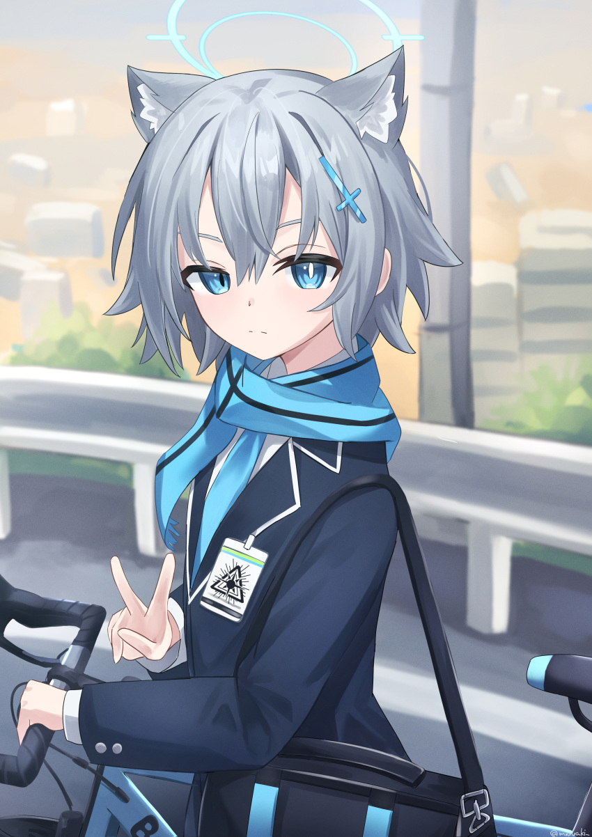 1girl, absurdres, animal_ear_fluff, animal_ears, bag, bicycle, blazer, blue_archive