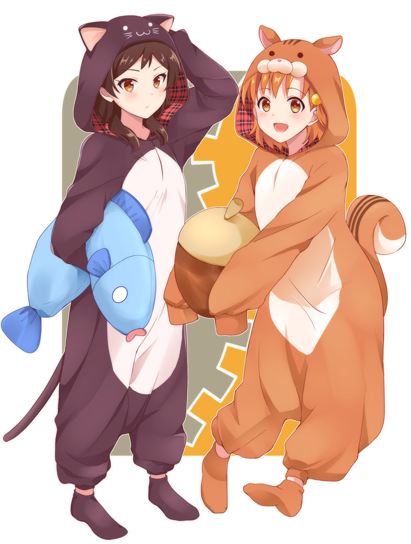 2girls, animal_ears, animal_hood, blush, brown_eyes, brown_hair, cat_ears, cat_tail