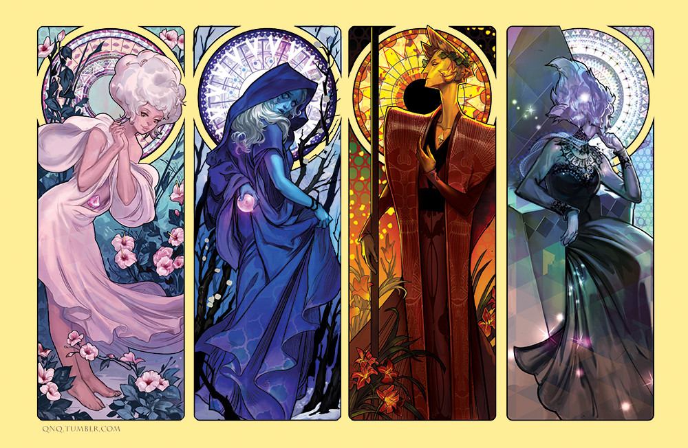 4girls, alexa_rockman, art_nouveau, blonde_hair, blue_diamond_(steven_universe), blue_eyes, blue_skin, bubble, closed_mouth, colored_skin, diamond_(gemstone), diamond_(species)_(steven_universe), dress, full_body, gem, gem_(steven_universe), long_hair, long_neck, multiple_girls, pink_diamond_(steven_universe), pink_hair, short_hair, smile, steven_universe, white_diamond_(steven_universe), white_hair, white_skin, yellow_diamond_(steven_universe), yellow_skin