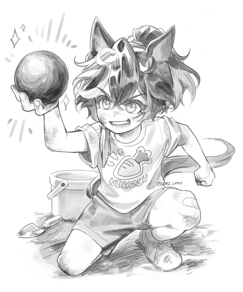aged_down, animal_ears, ball, bandaid, bandaid_on_leg, bucket, dirty, dirty_face