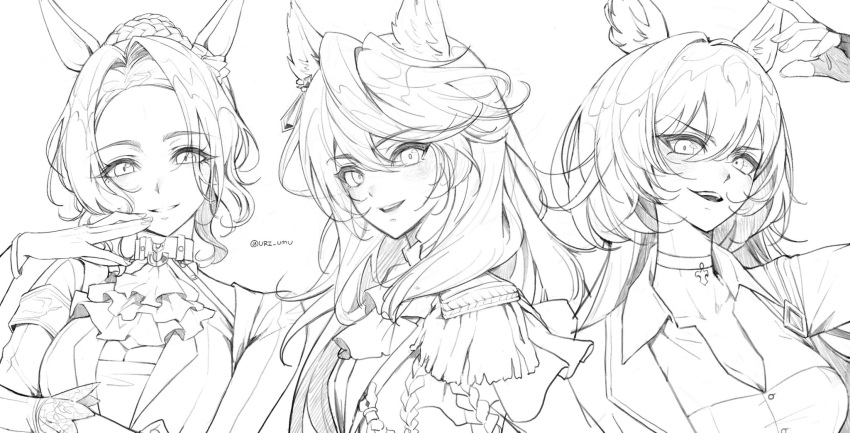3girls, animal_ears, ascot, bow, breasts, choker, collarbone, ear_bow