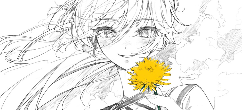animal_ears, blush, dandelion, flower, headdress, highres, holding, holding_flower
