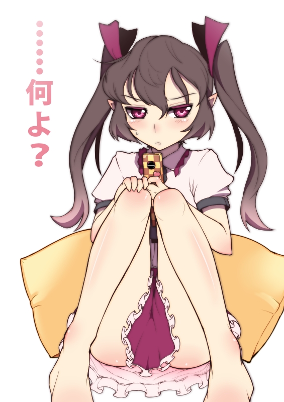 annoyed, bare_legs, barefoot, blush, brown_hair, cellphone, cellphone_camera, colored_eyelashes