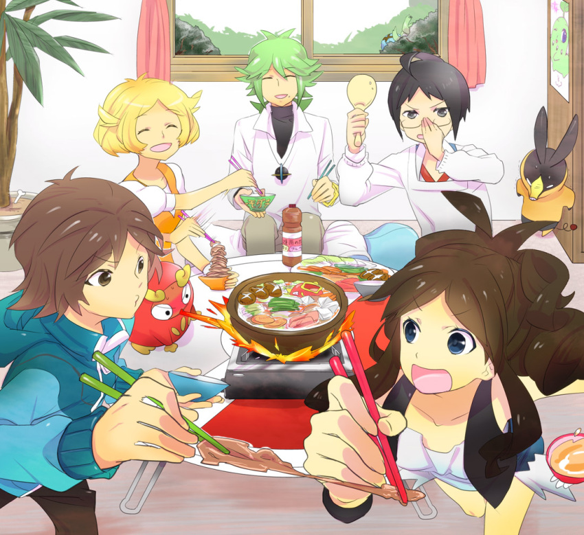 2girls, 3boys, bell_(pokemon), black_(pokemon), black_hair, blonde_hair, blue_eyes, bowl