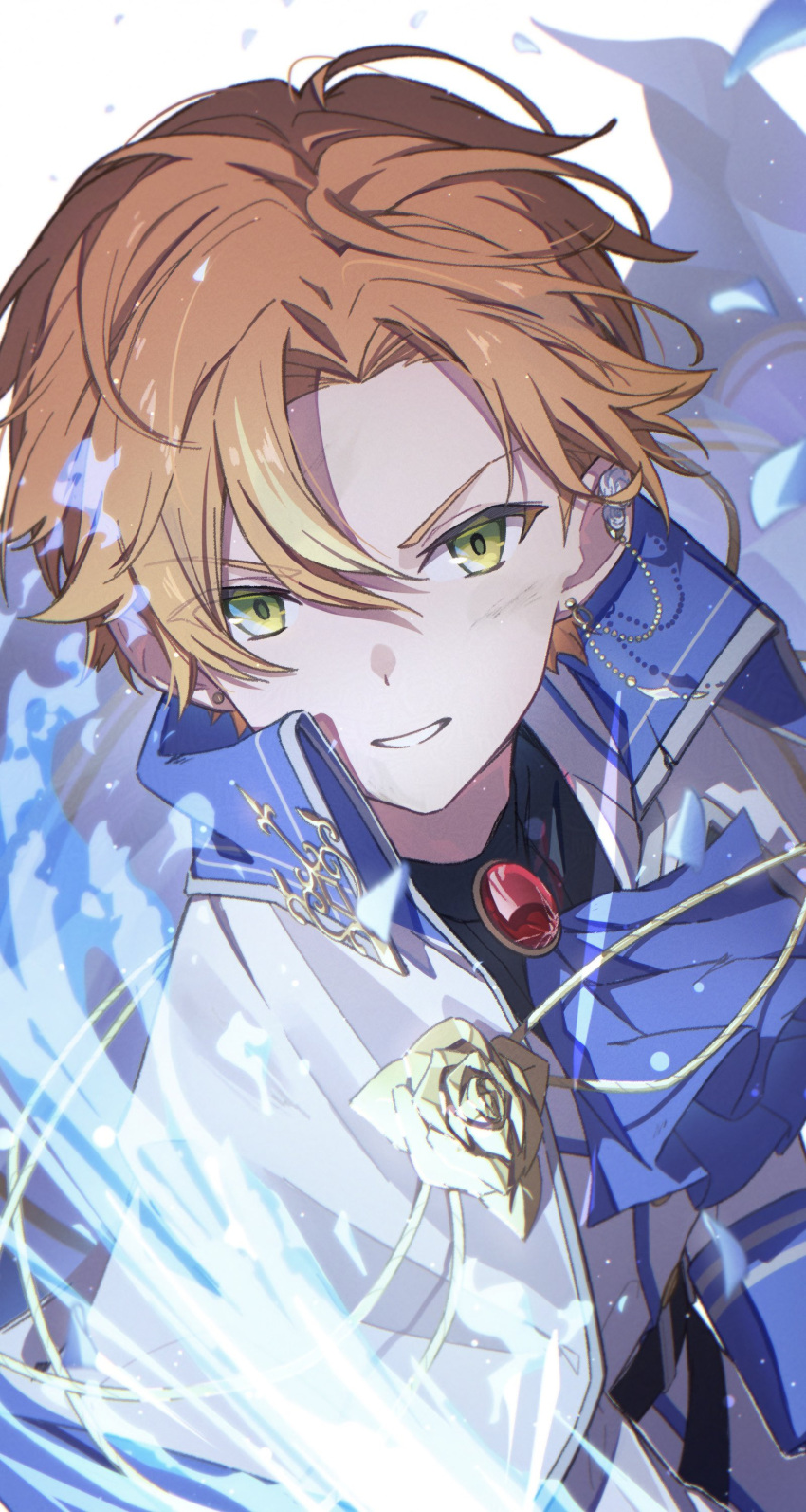 1boy, absurdres, ascot, asunaro_(vxsz5k_mamun), blonde_hair, chain, chain_earrings, clenched_teeth