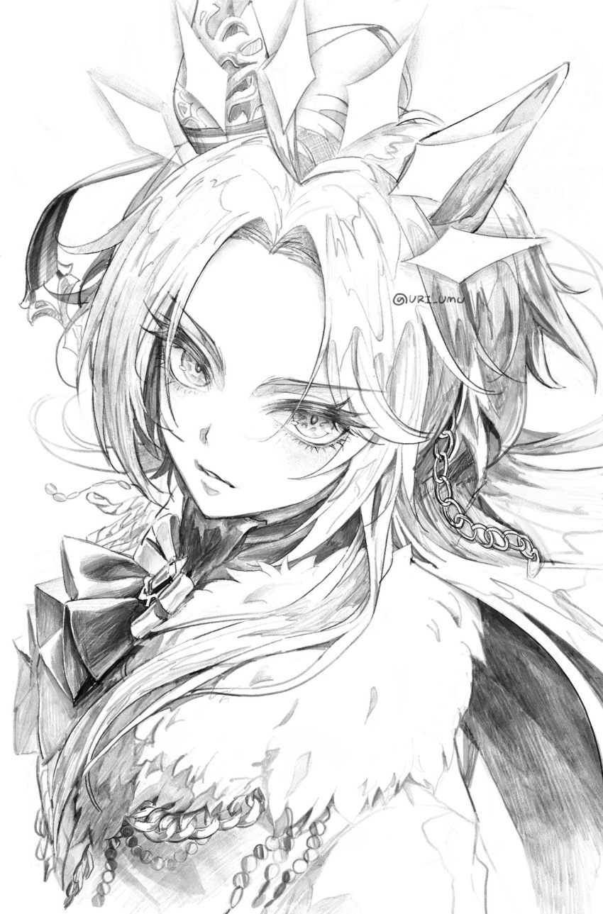 1girl, ahoge, animal_ears, ascot, bow, chain, diamond_(shape), diamond_halo, ear_bow, ear_covers, ear_ornament, highres, horse_ears, horse_girl, long_hair, looking_at_viewer, orfevre_(control)_(umamusume), orfevre_(umamusume), single_ear_cover, umamusume, uri_umu