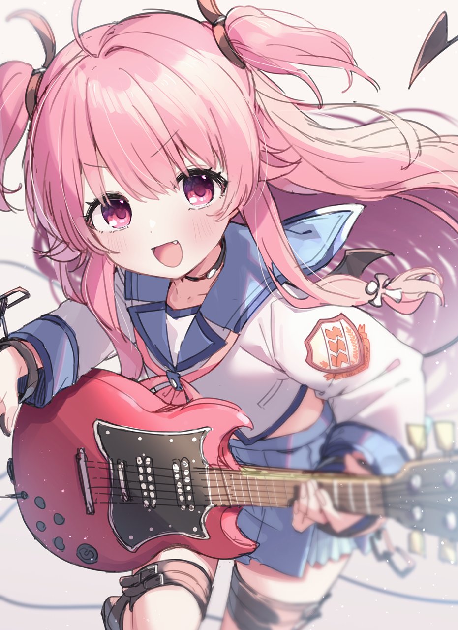 1girl, :d, ahoge, angel_beats!, belt, black_choker, black_ribbon, blue_sailor_collar