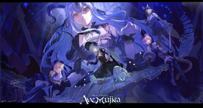 5girls, absurdres, animal_ears, arknights, ave_mujica_(bang_dream!), bang_dream!, bang_dream!_it's_mygo!!!!!, black_bonnet