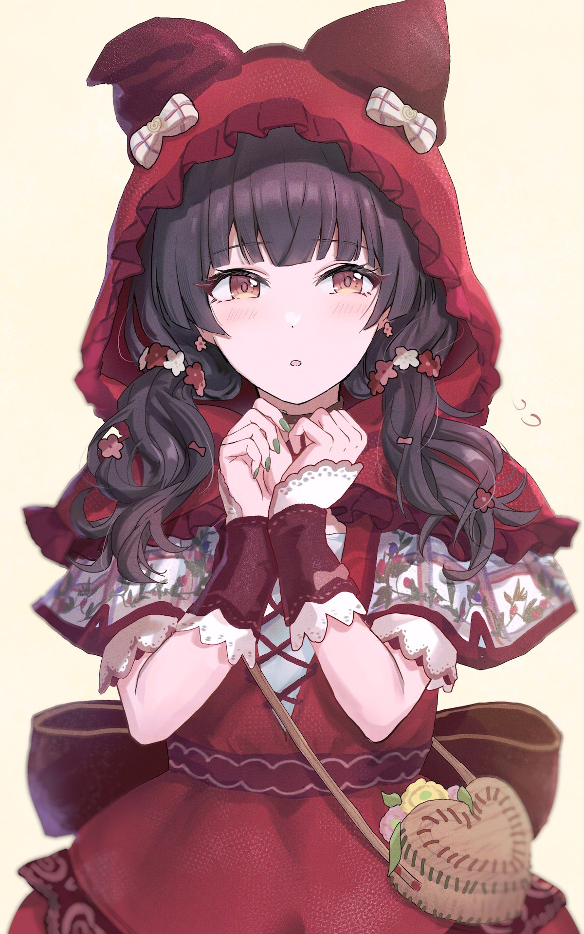 1girl, black_hair, brown_eyes, capelet, commentary, cosplay, green_nails, highres